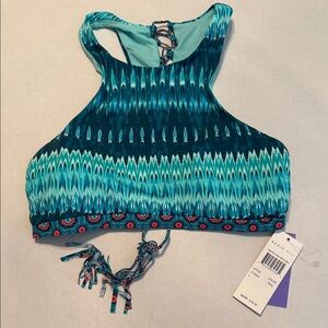 Radio Fiji Women's Yantra High-Neck Bikini Top NEW in Teal Ikat Print Size Large